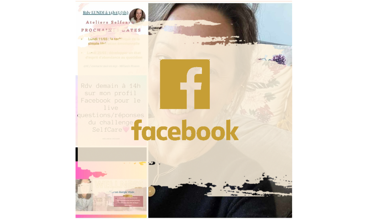Visage féminin en arrière-plan, texte d’annonce d’atelier SelfCare, logo Facebook jaune et fond collage.