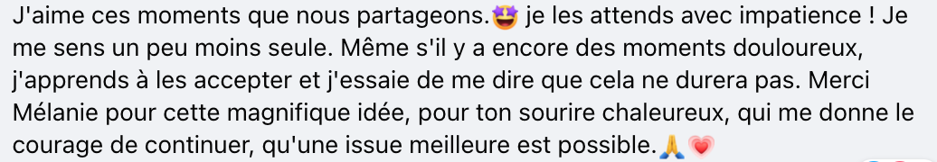 Texte manuscrit en français sur fond clair, exprimant gratitude et espoir après des moments difficiles.