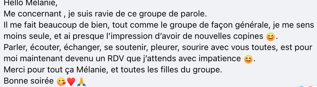 Message manuscrit sur fond clair, remerciant Mélanie et décrivant un groupe de parole chaleureux.