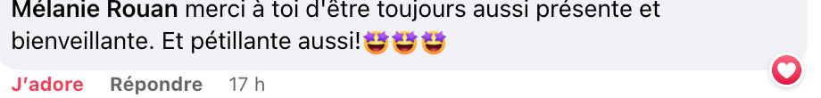 Texte de remerciement en français sur fond clair, avec emojis cœur et visages souriants.