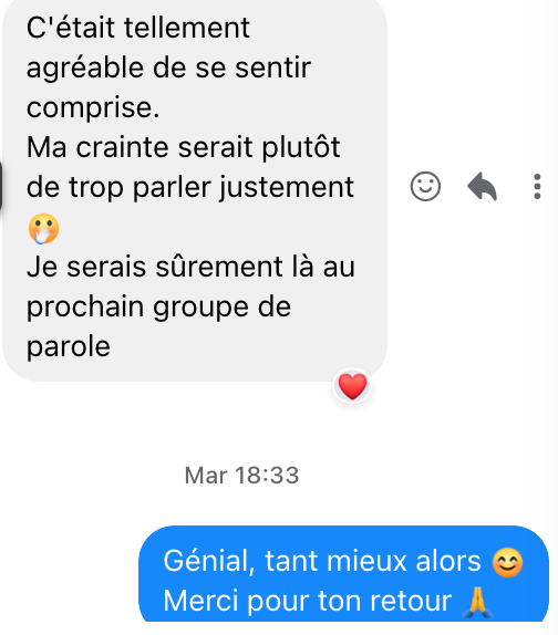 Capture d’écran d’une conversation WhatsApp avec messages en français, icônes emoji et heure « Mar 18:33 ».