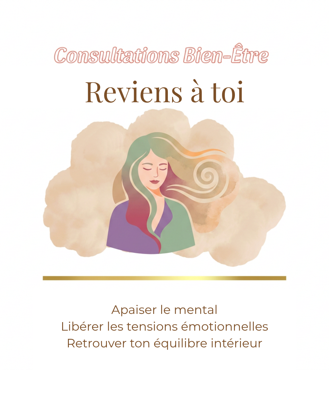 Femme stylisée aux cheveux verts, bulles d’aquarelle beige, texte “Reviens à toi” et “Apaiser le mental”.
