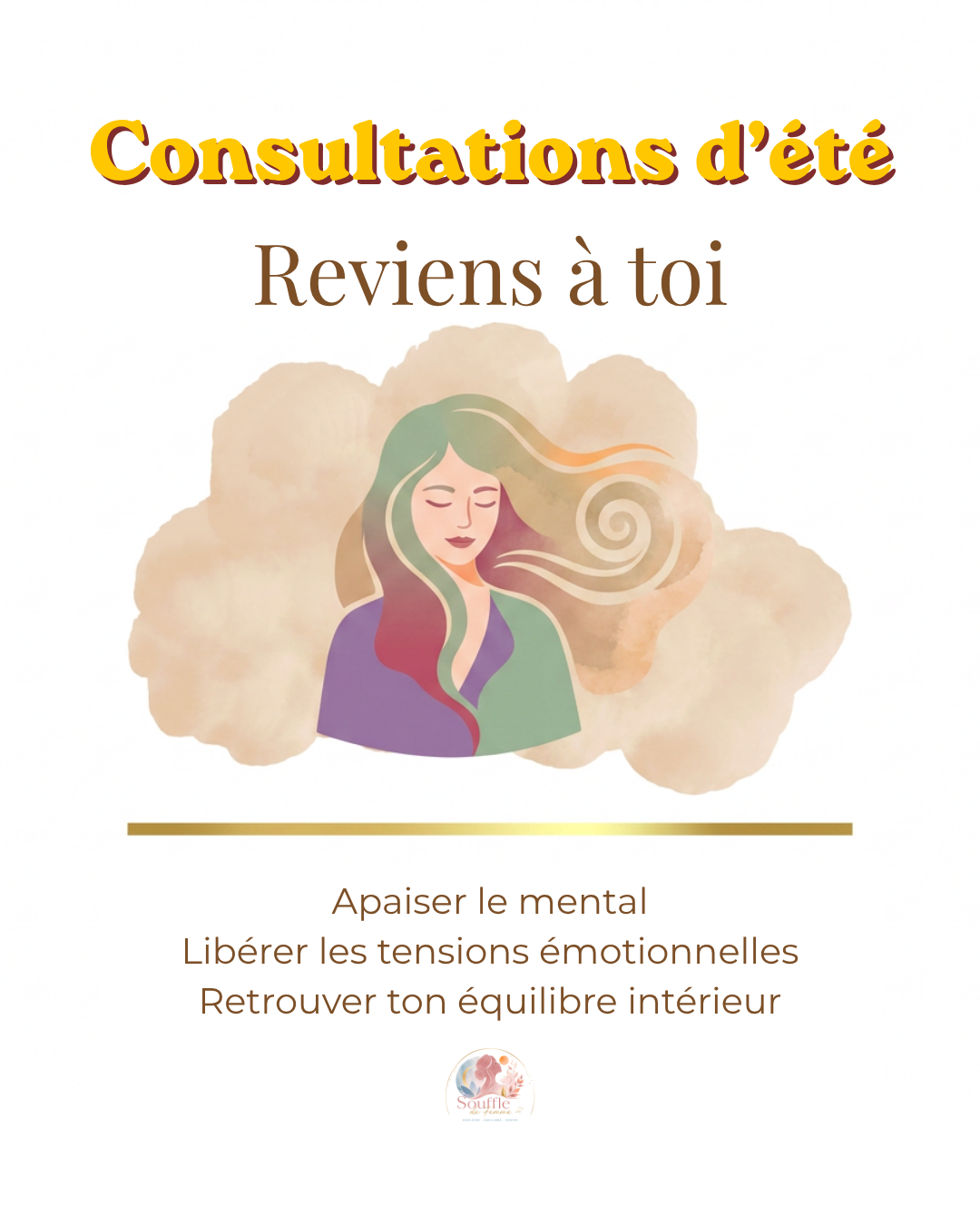 Femme stylisée aux cheveux verts, nuage beige et tourbillon, texte “Reviens à toi” sur fond clair.