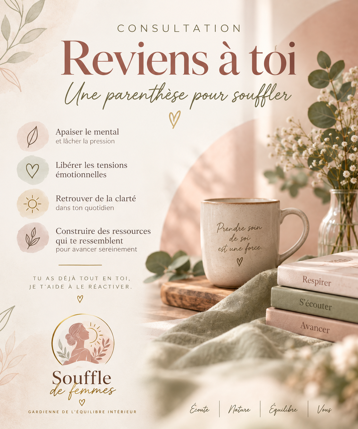 Femme stylisée aux cheveux verts, nuage beige et tourbillon, texte “Reviens à toi” sur fond clair.